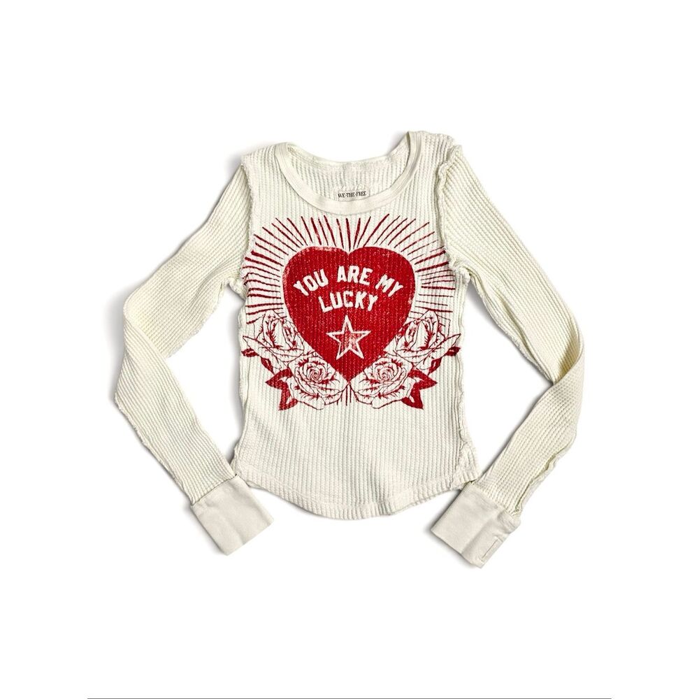 Free People Lucky Locket Thermal Tee Ivory Heart Graphic Thumbhole Small - Picture 5 of 16